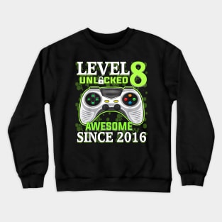 8 Year Old Boy Video Gamer Awesome Since 2016 8th Birthday Crewneck Sweatshirt